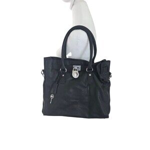 Michael Kors Hamilton Black Leather HandBag with Silver Lock and Chain
